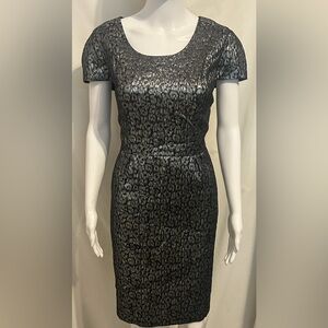 NWT Covington Sz 12 Black Metallic shimmer  Animal Print Sheath Dress Elegant